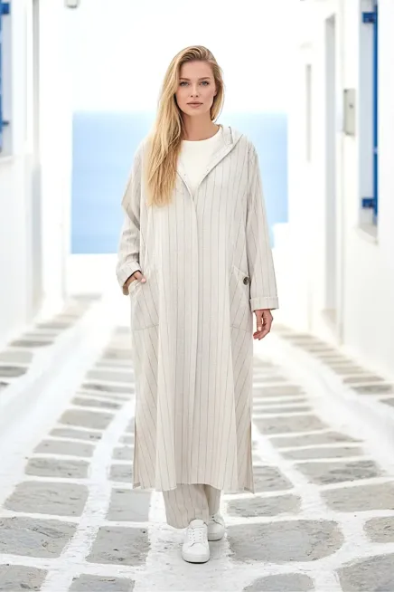 Kadın Siyah Çizgili Kapşonlu Uzun Keten Takım