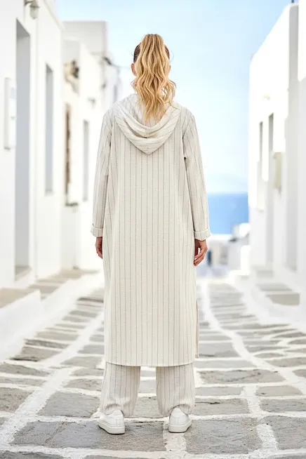 Kadın Siyah Çizgili Kapşonlu Uzun Keten Takım