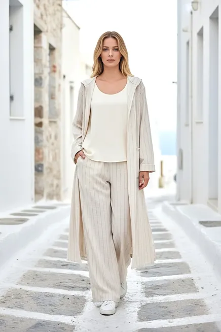 Kadın Siyah Çizgili Kapşonlu Uzun Keten Takım