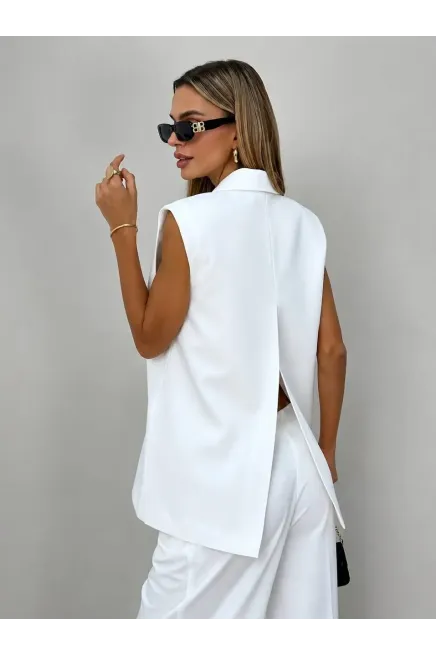 Vatkalı Blazer Yelek ve Pantalon Takım Beyaz