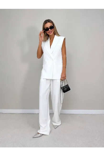 Vatkalı Blazer Yelek ve Pantalon Takım Beyaz