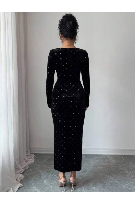 Velvet Kadife Taş ve Kürk Detay Maxi Boy Elbise