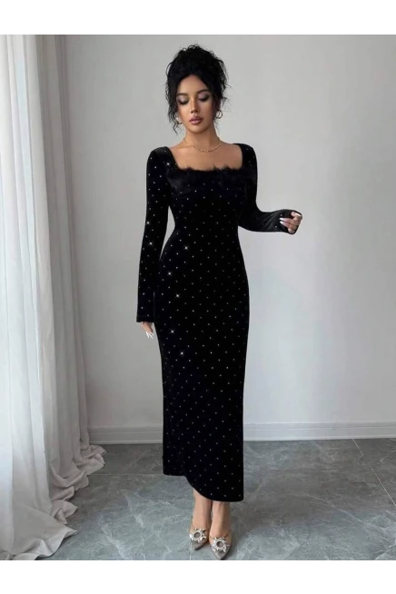 Velvet Kadife Taş ve Kürk Detay Maxi Boy Elbise