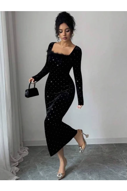 Velvet Kadife Taş ve Kürk Detay Maxi Boy Elbise