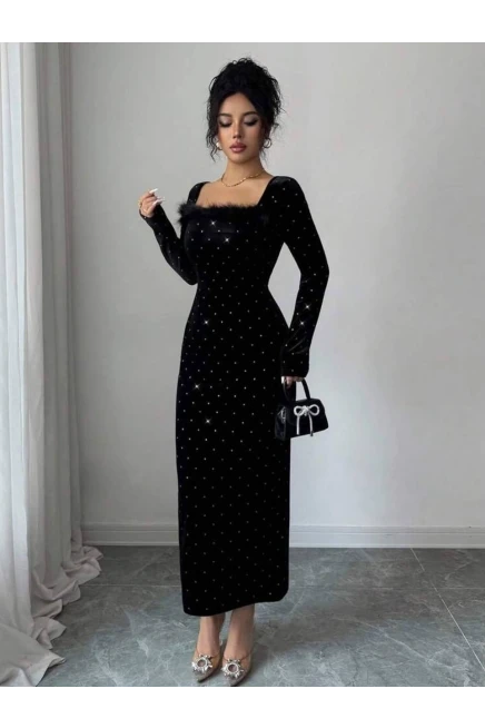 Velvet Kadife Taş ve Kürk Detay Maxi Boy Elbise