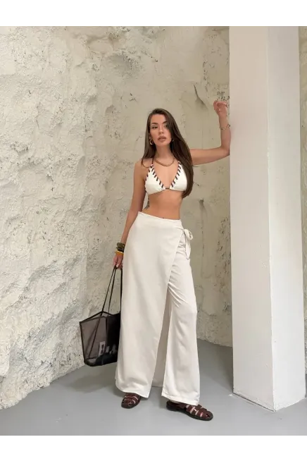 Viskon Keten Bağlama Detay Pantalon Ekru