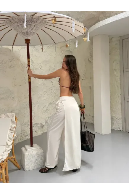 Viskon Keten Bağlama Detay Pantalon Ekru