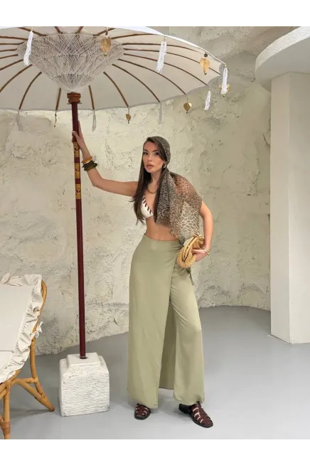 Viskon Keten Bağlama Detay Pantalon Haki