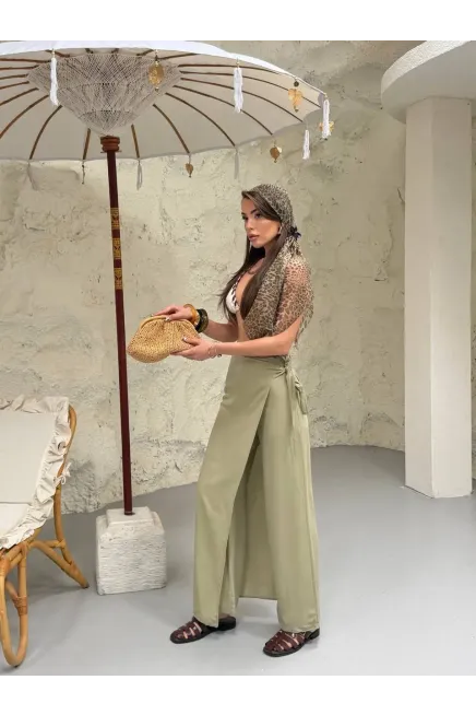 Viskon Keten Bağlama Detay Pantalon Haki
