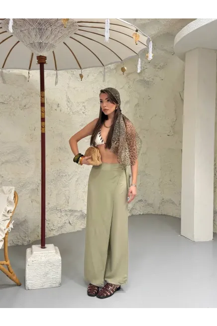 Viskon Keten Bağlama Detay Pantalon Haki