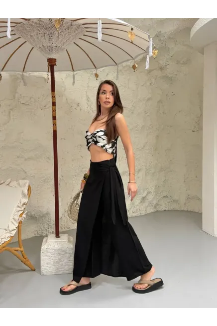 Viskon Keten Bağlama Detay Pantalon Siyah