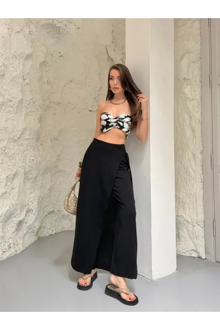 Viskon Keten Bağlama Detay Pantalon Siyah