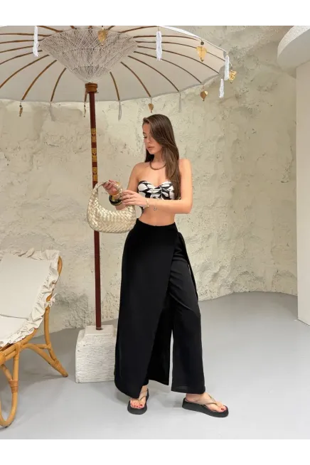 Viskon Keten Bağlama Detay Pantalon Siyah
