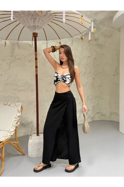 Viskon Keten Bağlama Detay Pantalon Siyah