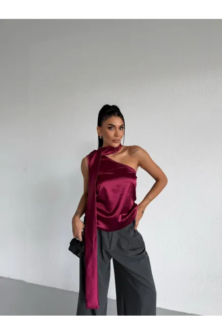 Yaka Detay Saten Bluz Bordo