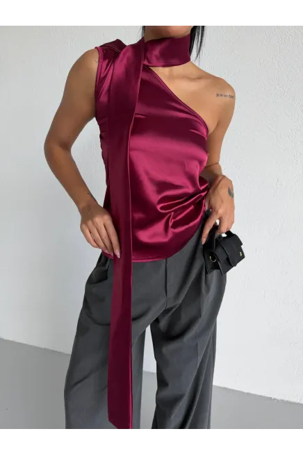 Yaka Detay Saten Bluz Bordo