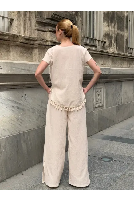 Yarım Kol Altı Püsküllü Keten Takım