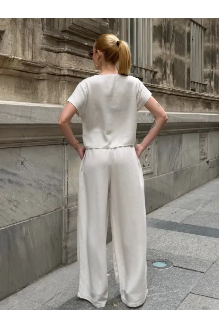 Yarım Kol Boncuk Düğmeli Keten Takım