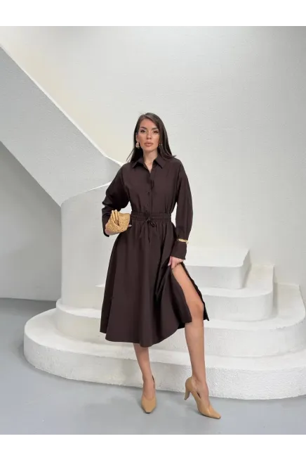 Yırtmaç Detay Etek ve Gömlek Alt Üst Takım Kahve