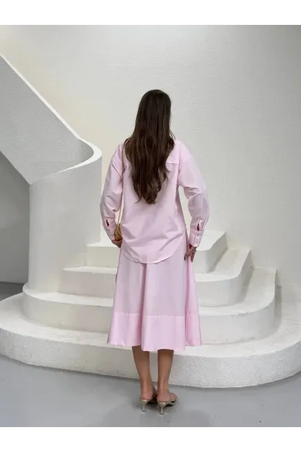 Yırtmaç Detay Etek ve Gömlek Alt Üst Takım Pembe