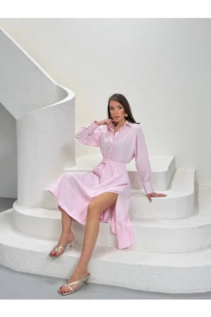 Yırtmaç Detay Etek ve Gömlek Alt Üst Takım Pembe