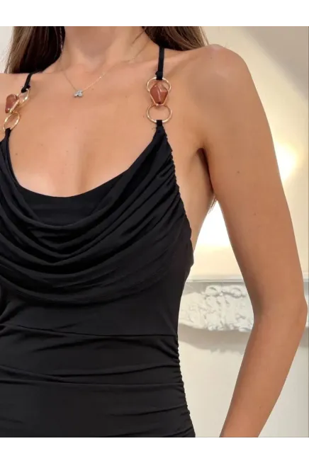 Aksesuar Detay Drape Elbise Siyah - 2