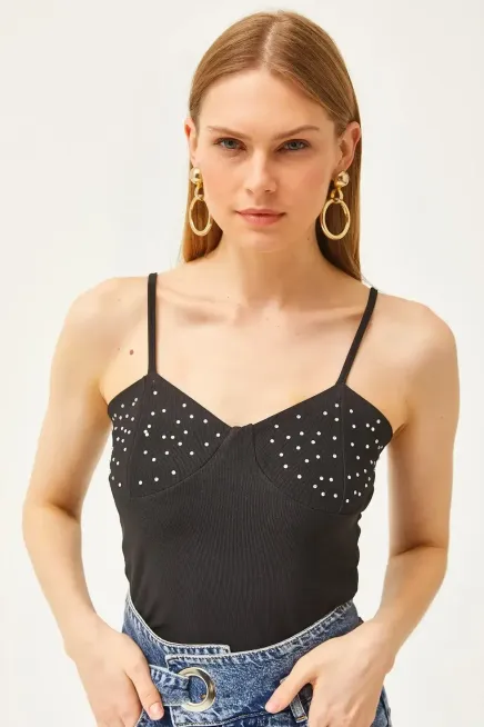 Askılı Taş Detaylı Ottoman Crop Bluz-cln103-syh - 2