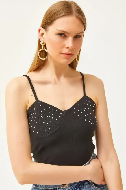 Askılı Taş Detaylı Ottoman Crop Bluz-cln103-syh - 4