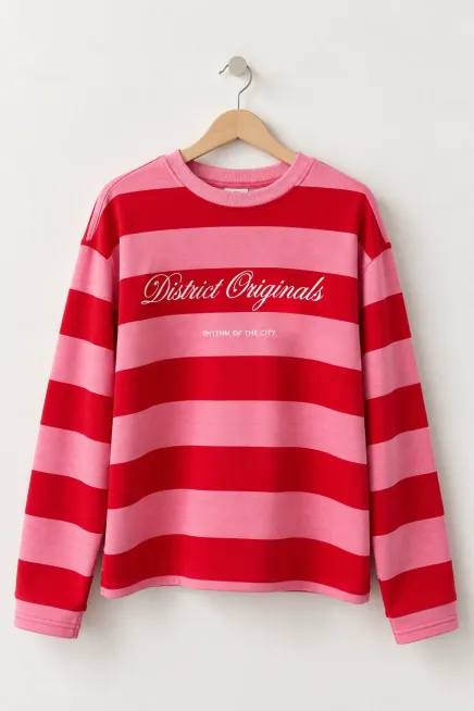 Baskılı Çizgili Bisiklet Yaka Sweatshirt - 2