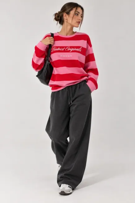Baskılı Çizgili Bisiklet Yaka Sweatshirt