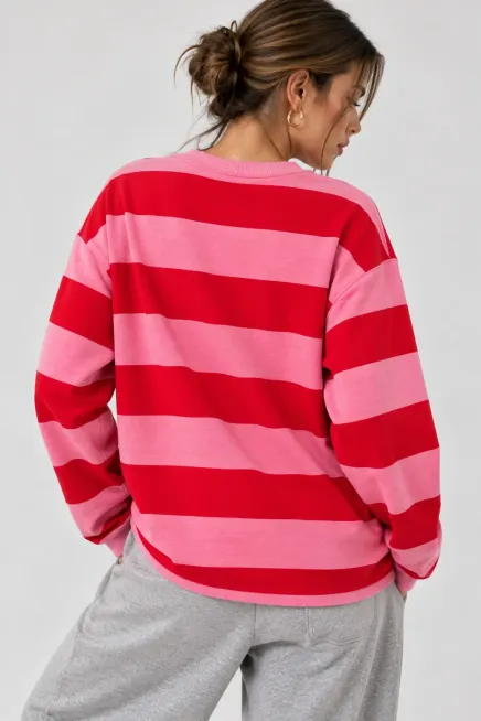 Baskılı Çizgili Bisiklet Yaka Sweatshirt - 4