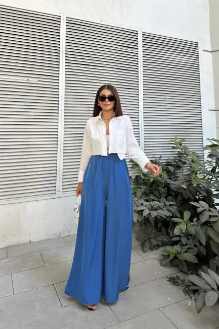 Beli Lastikli İspanyol Bol Paça Pantolon-3391İndigo - 4