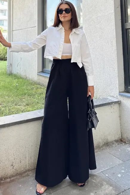 Beli Lastikli İspanyol Bol Paça Pantolon-3391Siyah