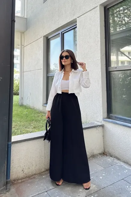 Beli Lastikli İspanyol Bol Paça Pantolon-3391Siyah - 2