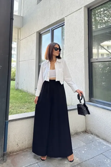 Beli Lastikli İspanyol Bol Paça Pantolon-3391Siyah - 3