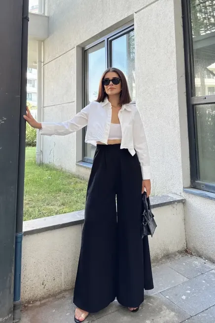 Beli Lastikli İspanyol Bol Paça Pantolon-3391Siyah - 4