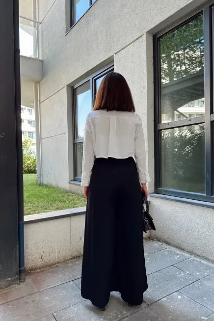 Beli Lastikli İspanyol Bol Paça Pantolon-3391Siyah