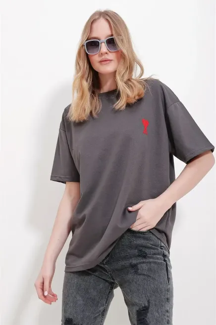 Bisiklet Yaka Nakış Detay Oversize T-Shirt-cln102-ant