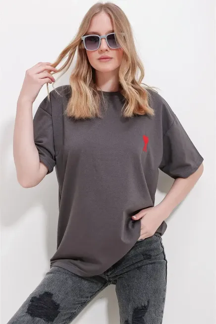 Bisiklet Yaka Nakış Detay Oversize T-Shirt-cln102-ant