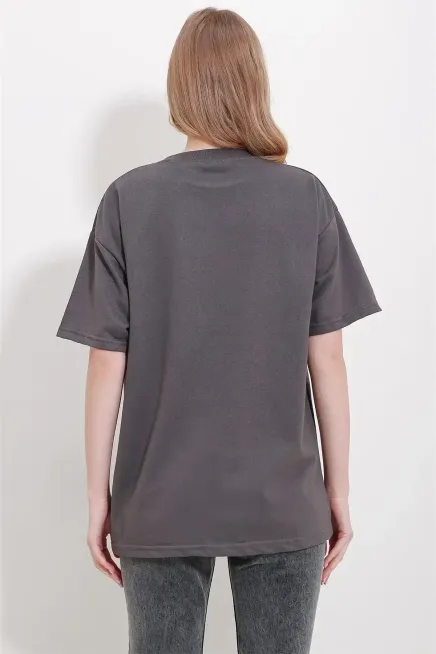 Bisiklet Yaka Nakış Detay Oversize T-Shirt-cln102-ant