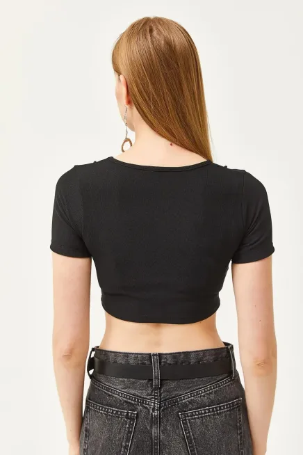 Bisiklet Yaka Parçalı Crop Ottoman Bluz-cln1040-syh