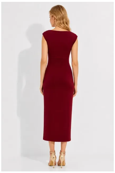 Bordo Ön Yırtmaçlı Modal Kumaş Elbise - 3