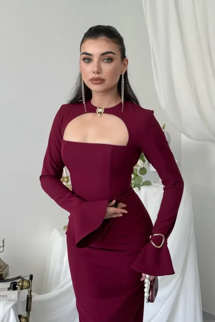 Broş Detaylı Elbise Bordo - 2