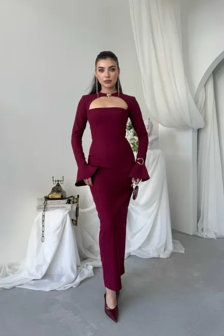 Broş Detaylı Elbise Bordo - 3
