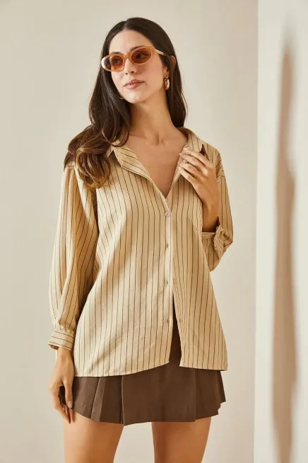 Cepli Çizgili Boyfriend Oversize Gömlek-cln1047-bj