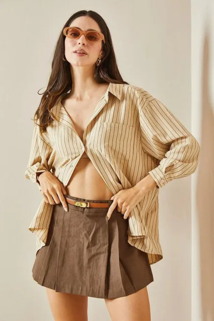 Cepli Çizgili Boyfriend Oversize Gömlek-cln1047-bj