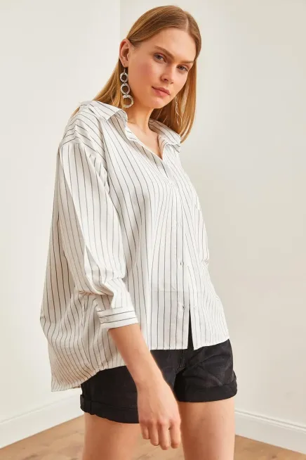 Cepli Çizgili Boyfriend Oversize Gömlek-cln1047-byz