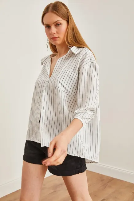 Cepli Çizgili Boyfriend Oversize Gömlek-cln1047-byz