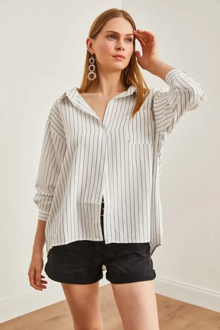 Cepli Çizgili Boyfriend Oversize Gömlek-cln1047-byz