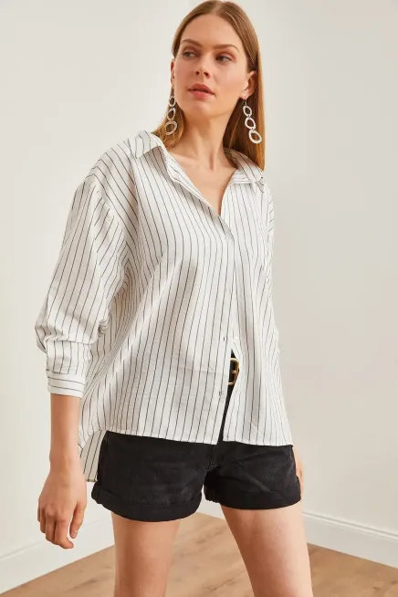 Cepli Çizgili Boyfriend Oversize Gömlek-cln1047-byz